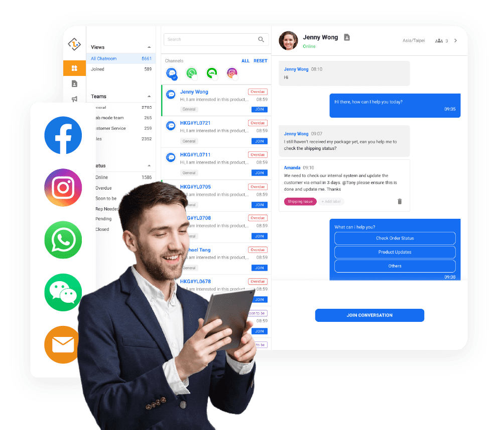 image of a man with many tabs open across different electronic devices, Streamline Your Communication with Multi-Channel Inbox