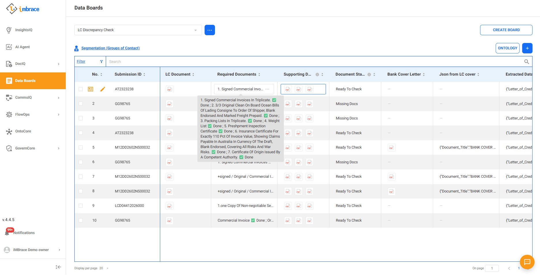 iMBrace's Data Board centralizing Letter of Credit (LC) discrepancy checks, automatically extracting and cross-referencing required documents to streamline trade finance workflows.